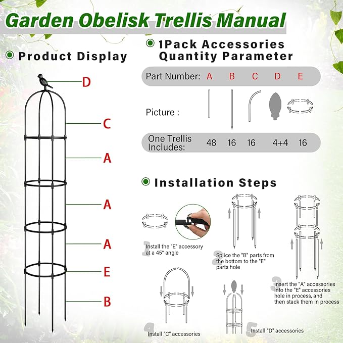 Sadnyy 4 Pack 6 ft Garden Obelisk Trellis for Climbing Plants Outdoor Rustproof Rose Pots Tall Garden Trellis for Outdoor Indoor Vines Flower Plants Support (Black)