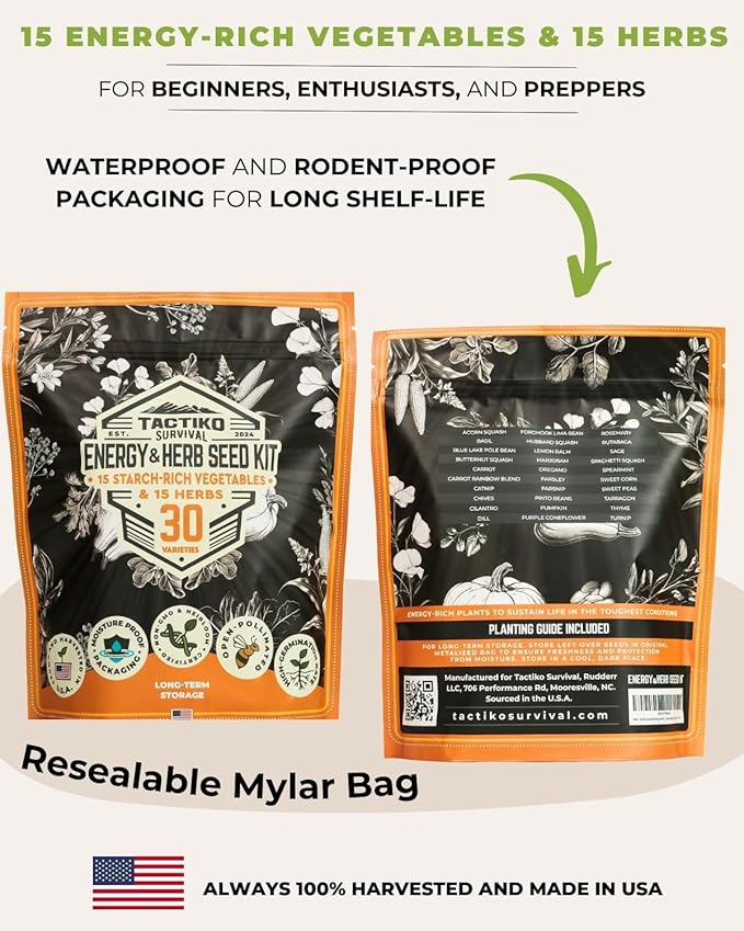 Tactiko Survival 30 Calorie-Dense Veggies & Popular Herbs - Ultimate Energy Seed Kit - USA-Grown Non-GMO Heirloom Seeds - Mylar-Bag for Long-Term Storage, Emergency Food Supply Gardening