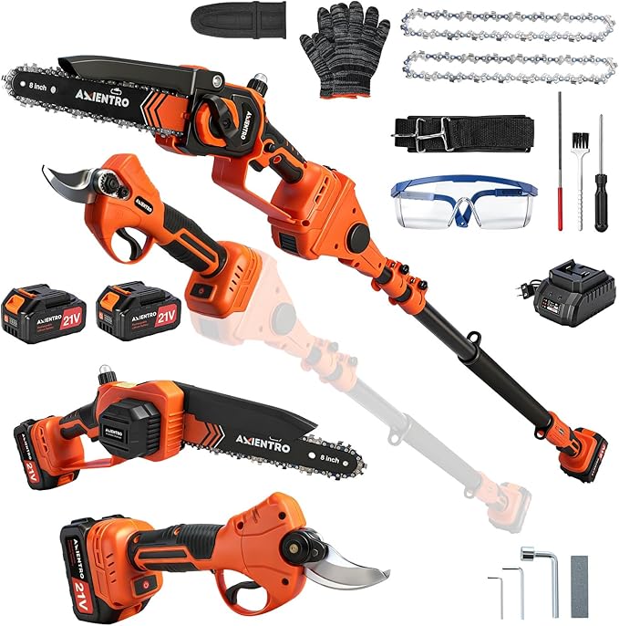 4-in-1 Pole Saw & Pruning Shears, 8-in Brushless Motor Pole Saw for Tree Trimming, Electric Pruners with Extendsion Pole, 2x4000mAh Li Batteries & Charger, 16FT Max Reach