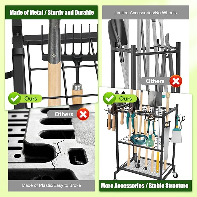 3 Tier Garden Tool Organizer with Wheels, Garden Tool Rack Rack Up to 50 Tools, Heavy Duty Metal Yard Tool Organizer for Garage with Hooks, Freestanding Lawn Tool Shovels for Shed&Outdoor Organization