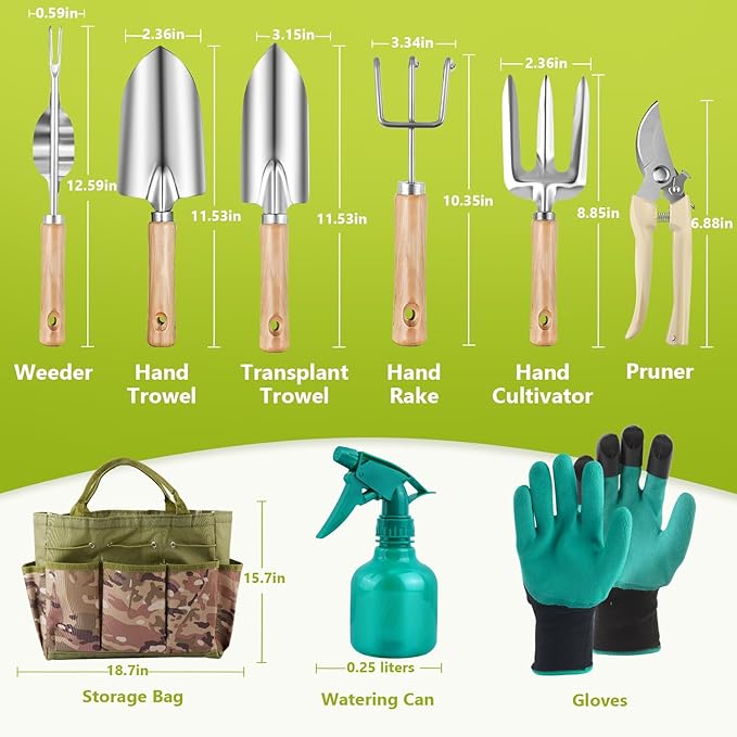 Gardening Tool Set of 9 PCS, Heavy Duty Gardening Tool Set with Durable Garden Tools Organizer Handbag, Non-Slip Rubber Gloves, Rust-Proof Garden Tool Set, Ideal Garden Gifts for Women, Mom (Green)
