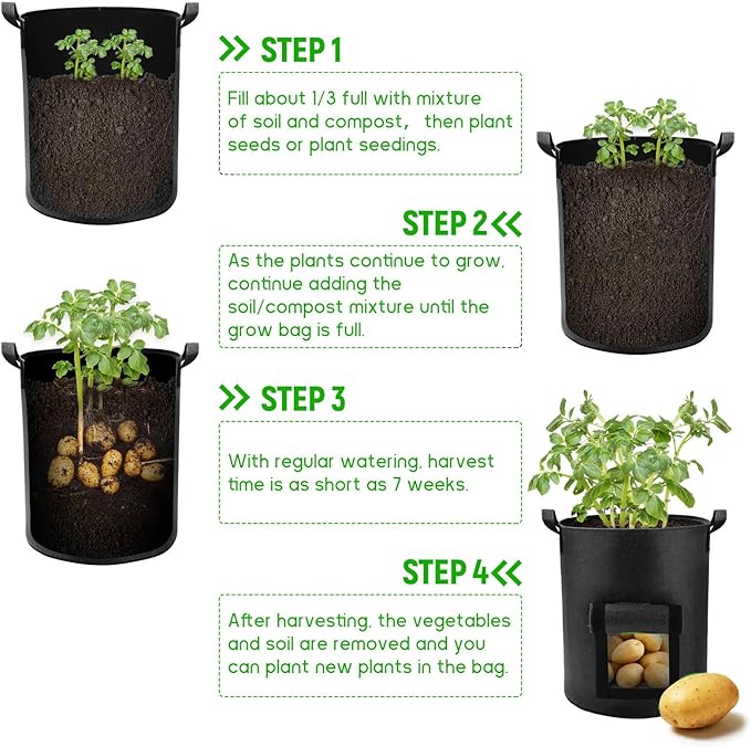 4 Pack 10 Gallon Potato Grow Bags with Flap and Handles, Heavy Duty Fabric Pots for Planting Potato,Carrots