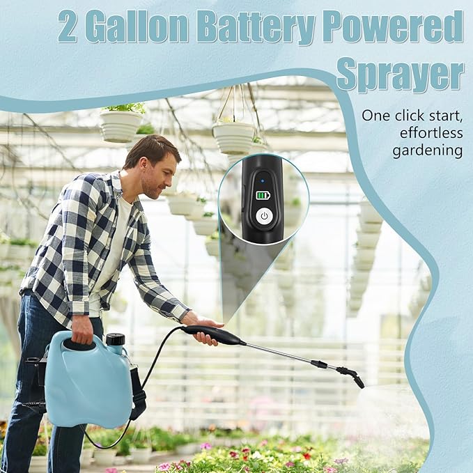 Battery Powered Sprayer 2 Gallon, Electric Garden Sprayer in Lawn with 3 Mist Nozzles, USB Rechargeable Handle, Retractable Wand, Yard Pump Sprayers with Adjustable Shoulder Strap for Plants