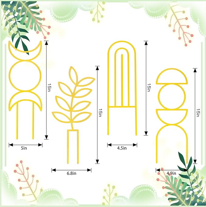 4 Pcs Indoor Plant Trellis for Climbing Plants, Small Trellis for Potted Plants, Garden Metal Trellis Plant Support Trellis with Different Patterns for Vine Ivy Flower (Boho,Gold)
