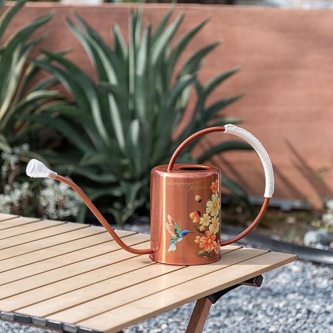 1/2 Gallon 68oz Long Spout Stainless Steel Flower for Indoor Plant Watering or Outdoor Gardening with 2 Removable Spray Spout for Flowers Plant Hummingbird Pattern Watering Can, Bronze