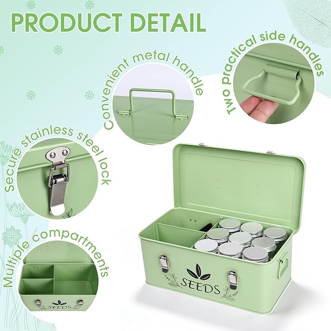 Seed Storage Organizer, Metal Garden Seed Storage Box Kit with 18 Wide-Mouth Vials, 30 Plant Tags, 30 Envelopes, 500 Labels and 1 Marker, for Garden Flower Plants