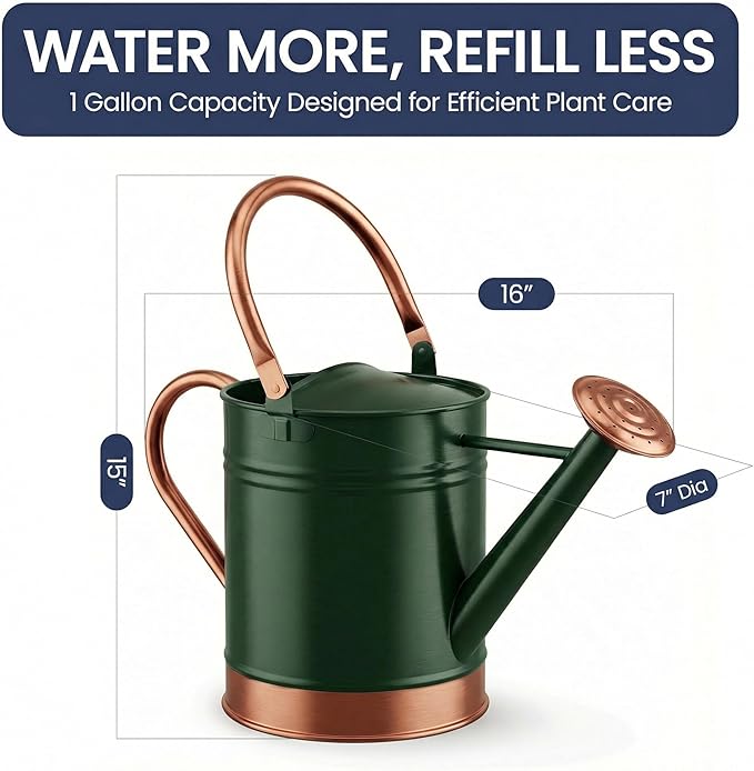 Gardenised 1 Gallon Galvanized Metal Watering Can with Removable Long Spout & Sprinkler Head for Indoor & Outdoor Use Ideal for Garden Flowers Plants Houseplants Modern Home Accessories, Green/Copper