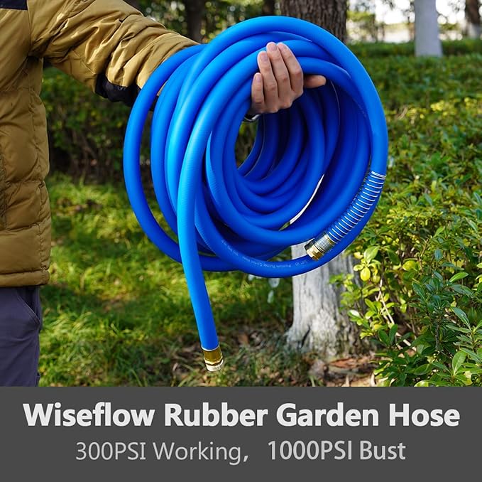 WiseFlow Garden Hose 100FT x 5/8", Heavy Duty Rubber Hose, Water Hose with Five Layered Braiding, Male Female Fittings, 1000PSI Burst, 300PSI Working (Blue)