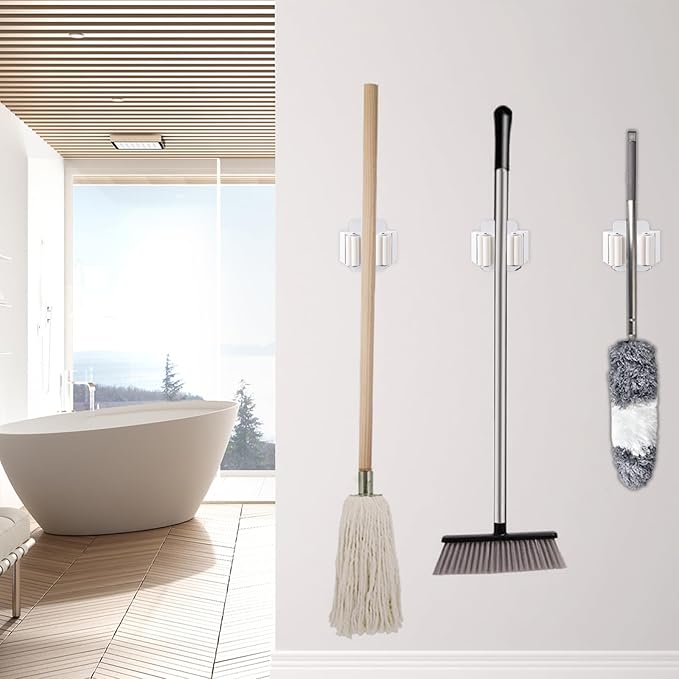 Verdenu 10 Pack Broom Holder Wall Mount, Mop and Broom Holder Wall Mount, Stainless Steel Command Mop Holder with Screws, Garden Tool Storage Organizer for Kitchen, Home, Bathroom, Garage, White