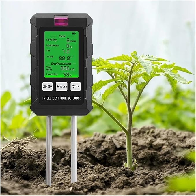Soil PH Tester,Digital Soil Tester PH/Fertility/Moisture/Sunlight/Air Humidity/Temp Soil PH Meter for Gardening for Garden,and House/Outdoor Plants