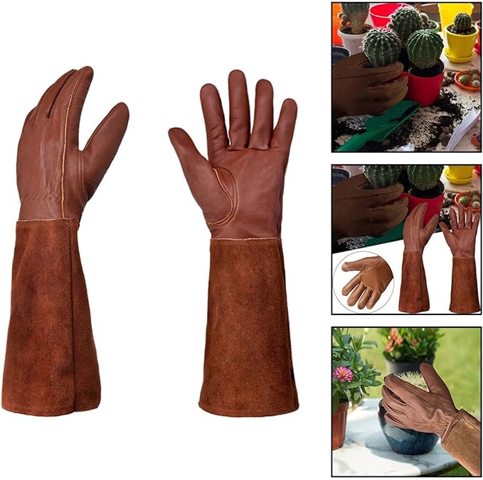 Thorn-Proof Leather Garden Gloves Long Forearm Split Cowhide Goatskin Padded Palm For Men And Women Pruning Roses Yard Work(M)