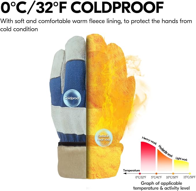 Vgo... Winter Warm Lined Cowhide Split Leather Work Gloves,Heavy Duty Truck Driving Gardening Farm Welding(CB3501F)