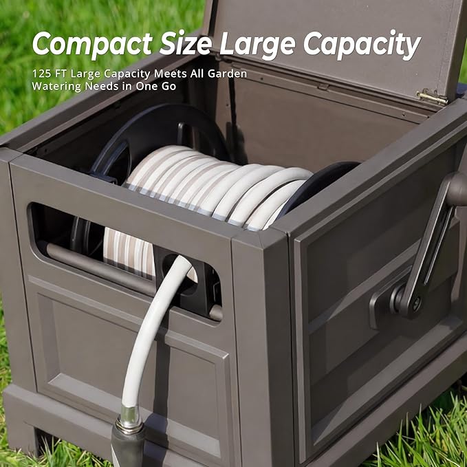 Heavy Duty Steel Garden Hose Reel Deck Box, Holds 125 ft x 5/8 inch Hose, Leak-Proof Aluminum Water System, Manual Crank with Hose Guide, 4-Leg 200LBS Stable Base, No Mount Required