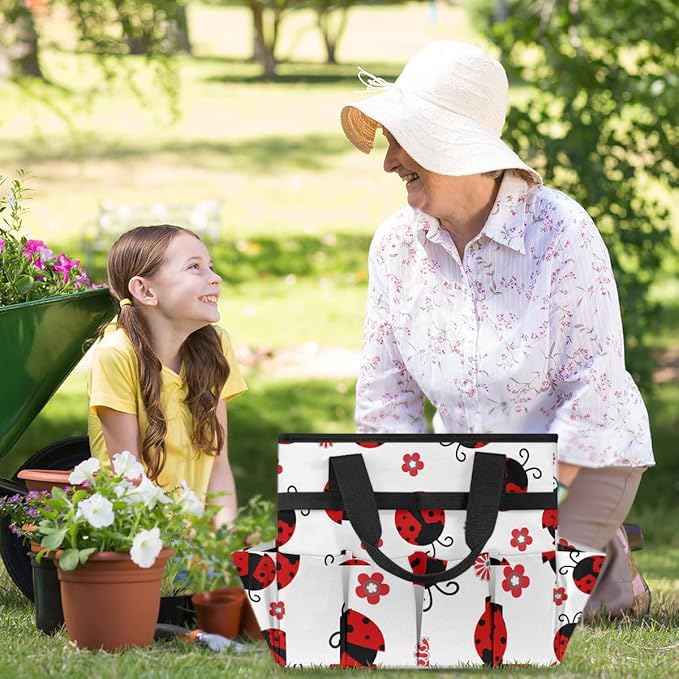 Ladybug Gardening Tool Bag,Heavy Duty Garden Tote Bag,Portable Oxford Flower Gardening Storage Basket Organizer Handbag with Pockets Handle,Hand Tools Gifts for Outdoor Garden Lawn Yard
