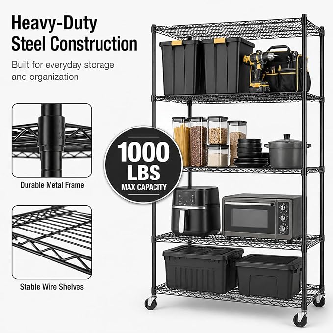 Simple Deluxe 4-Tier Heavy Duty Adjustable Storage Shelf with Wheels, 23.23”W x 17.63”D x 47.24”H, Wide Mobile Metal Shelving Unit, Easy Assembly for Living Room, Office,Black