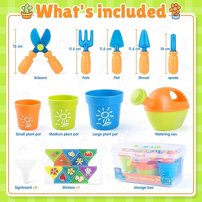 PLAY Kids Gardening Set, Garden Tool Set for Kids, Gardening Tools Kit with Shovel, Fork, Spade, Scissors, Flower Pot, Watering Can and Storage Box, Summer Outdoor Toys for Toddlers Boys Girls Gift