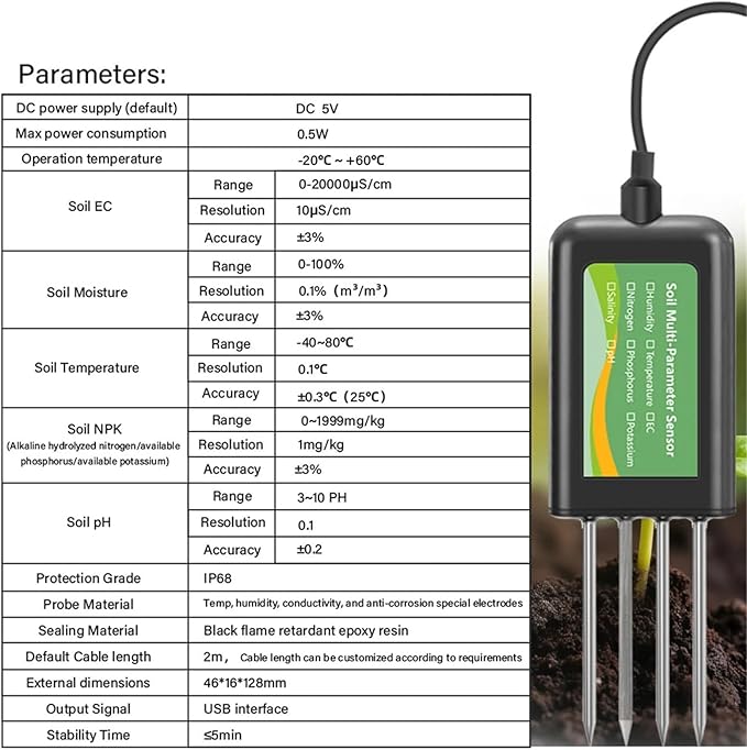 8-in-1 Intelligent Soil NPK Sensor Salinity EC Moisture Temp pH Tester with APP Data Logger(RS485 NPK Tester)