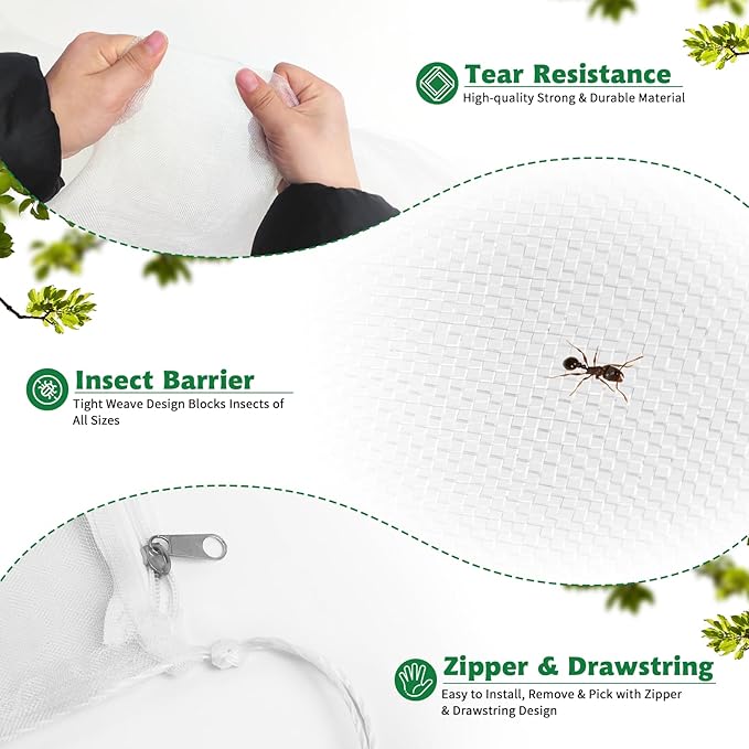 OZMI Bird Netting for Garden, 4 x 4 FT Blueberry Bush Netting Cover with Zipper, Drawstring Reusable Mesh Plant Protector for Shrubs Bush Fruit Tree Potted (2 Pack)
