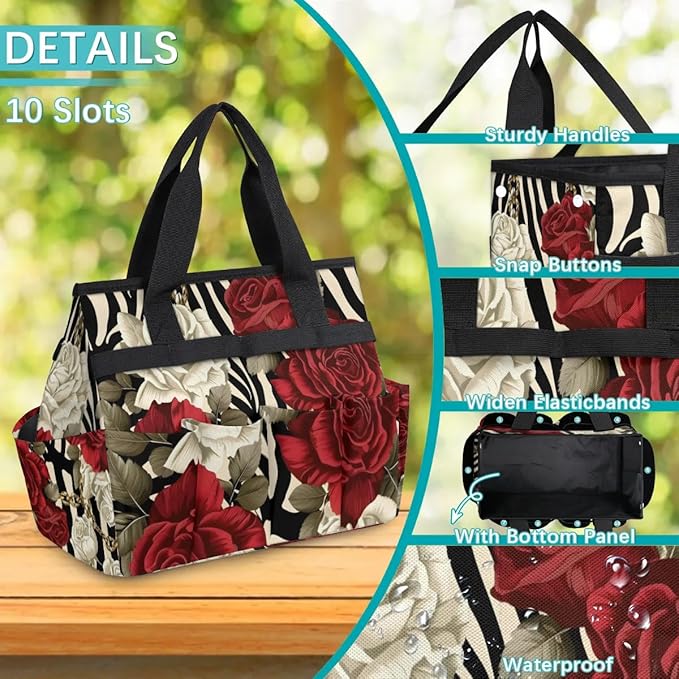 Garden Tool Bag Organizer Garden Tote Bag with Pockets Rose Zebra Pattern Tool Storage Organizer Gardening Tool Kit Holder 13" x 6.8" x 2.8"