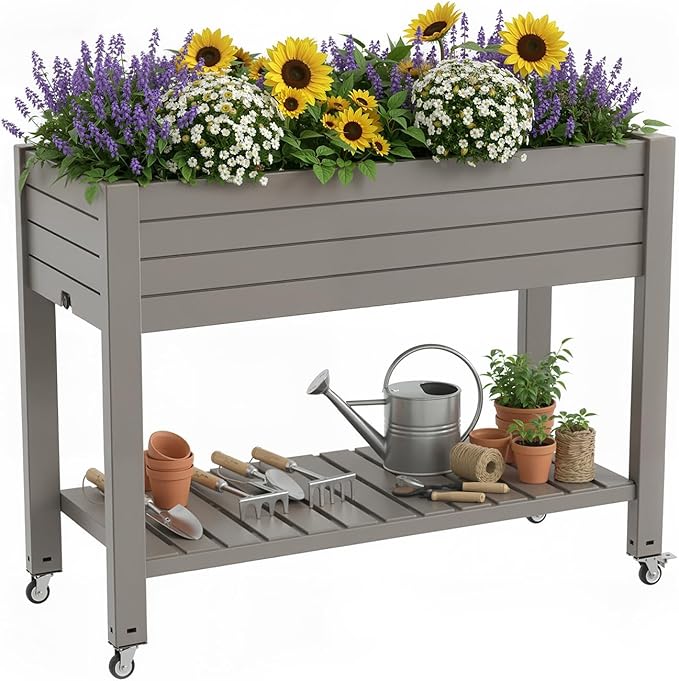 EasyUp 21 Gallon Raised Garden Bed with Wheels, Elevated Planter with Storage Shelf, Weatherproof Mobile Garden Box for Patio Balcony Vegetables & Flowers (Brown)