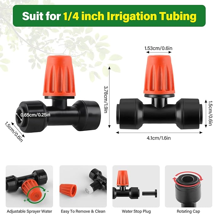 Kalolary 30Pcs Push-to-Fit Drip Irrigation Spray Emitters for 1/4" Tubing,Three-Way Adjustable Atomizing Nozzle Micro Irrigation Dripper Sprinklers with 6PCS End Plugs for Irrigation System(Orange)