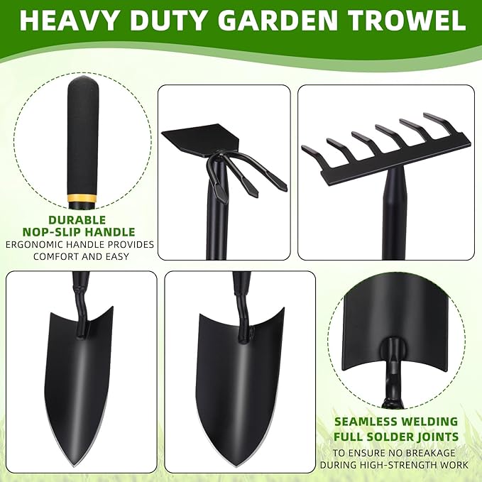 4 Pcs Garden Tool Set Gardening Trowel Transplanting Shovel Hand Cultivator Rake Hoe Tiller Tool Heavy Duty Stainless Steel for Outdoor Patio Use Gardening Cultivating Loosening Weeding
