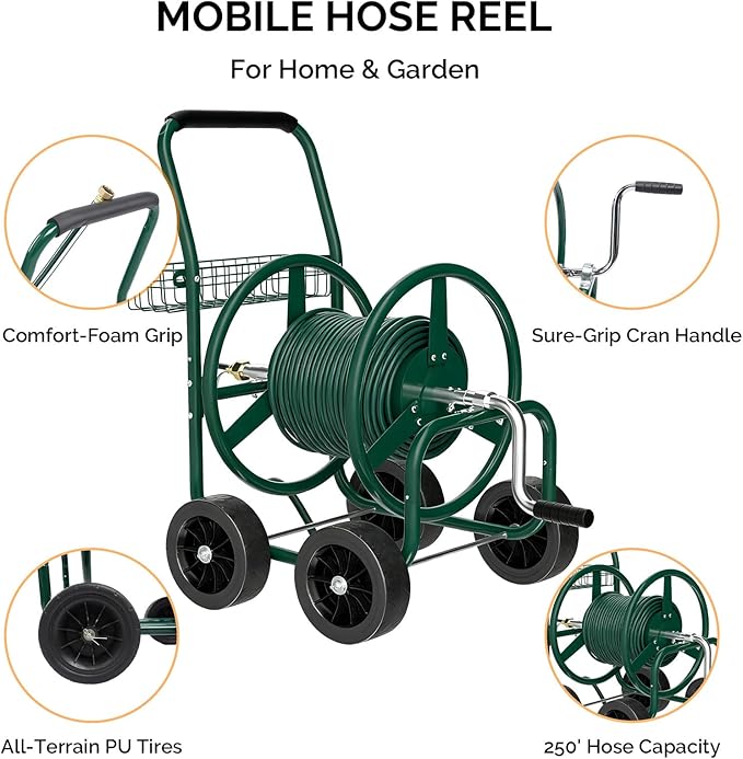 VINGLI 4-Wheel Garden Hose Reel Cart with Storage Basket, Portable Residential Hose Reel Cart, Lawn Watering, for Garden Backyard and Farm (Green 250FT)