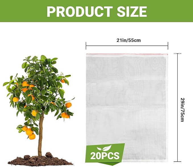 Garden Bug Netting Bags, Enpoint 20PCS 29 x 21 inch Insect Bird Barrier Netting Mesh with Drawstring, Fruit Protection Wraps Plant Covers to Protect Bananas, Watermelon, Spaghetti Squash