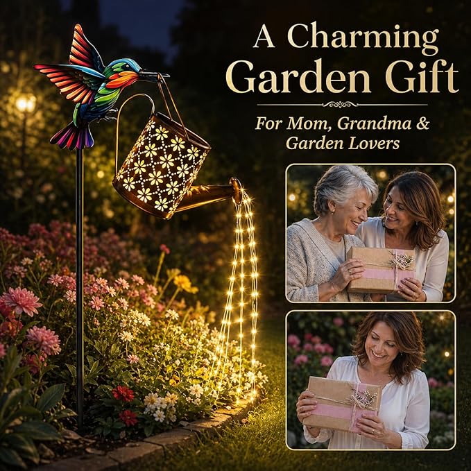 SSQPVEH Solar Watering Can Lights Outdoor, 30.7-Inch Metal Garden Stake Light with Hummingbird Hook, 36 LED Cascading Warm White Waterfall Light for Yard, Lawn, Patio, Garden Decor Gift for Mom