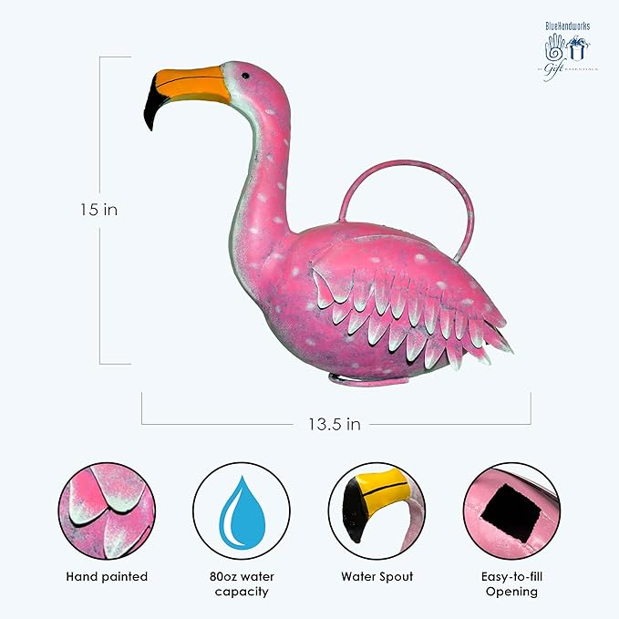 Gift Essentials Decorative Metal Flamingo Watering Can – Pink Novelty Indoor/Outdoor Garden Tool – Hand-Painted Powder-Coated Metal – Unique Gift for Gardeners – Model GEBLUEG575