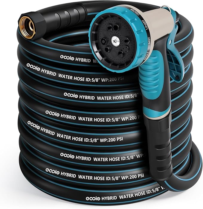 Heavy Duty Garden Hose 75 ft, NON-EXPANDABLE Water Hose with 10 Function Spray Nozzle, Lightweight Kink-less Hybrid Hose with Swivel Handle, Male to Female Fittings
