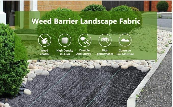 3FT x 100FT Weed Barrier Landscape Fabric (2 Pack 3x50FT) - Premium Heavy-Duty 3.2oz Gardening Weed Control Mat with 20 U-Shaped Securing Pegs - Ground Cover for Gardening, Farming