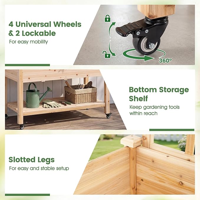 Giantex 65'' Wooden Raised Garden Bed w/Trellis on Wheels Set 2, Mobile Elevated Planter Box w/Legs, Liner & Drainage Holes for Climbing Plant Vegetable Herb Flower, Outdoor Garden Box, Backyard