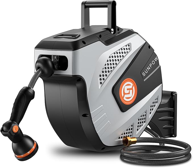 SUNPOW Retractable Garden Hose Reel - 1/2 inch x 85ft Wall Mounted Hose Reel with 3/4 inch Brass Fitting & 10 Function Sprayer Nozzle - Any Length Lock, Auto Rewind System, 180°Swivel Bracket- Grey