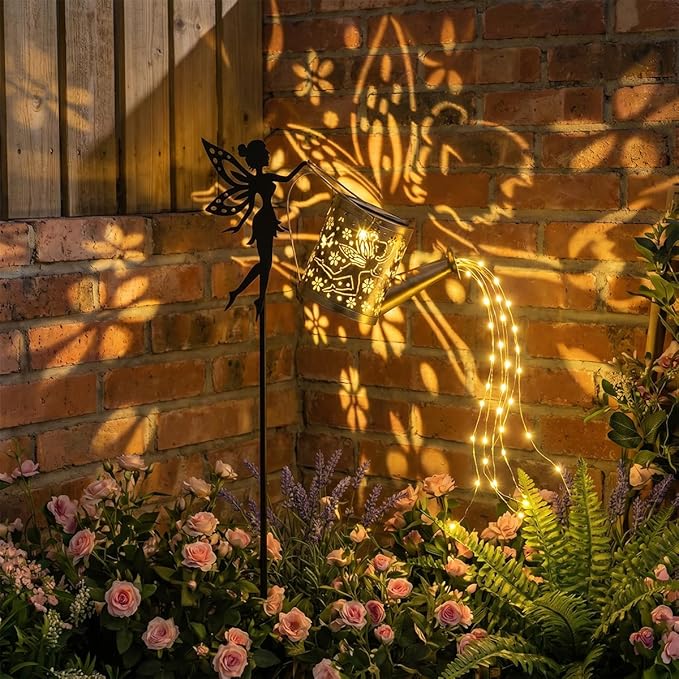 Solar Garden Outdoor Decorative, Watering Can with Layered Lighting, Featuring Metal Silhouette Garden Stake, Mother's Gift for Women, Waterproof Garden Decor (Fairy)