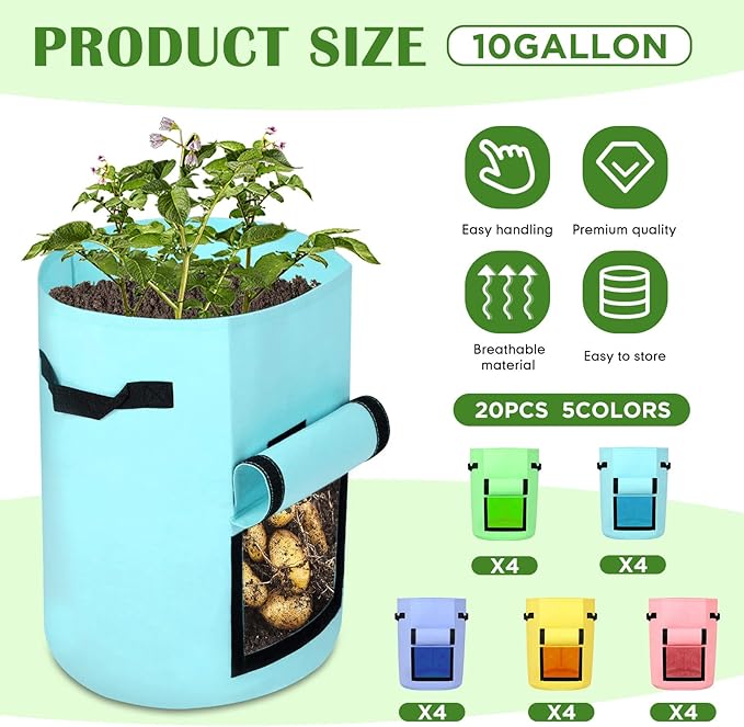 Yinder 20 Pcs 10 Gallon Potato Grow Bags with Flap and Handles Thickened Aeration Fabric Pots Garden Bags Potato Growing Containers Vegetable Garden Planter Bag for Plant Fruit(Bright Color)