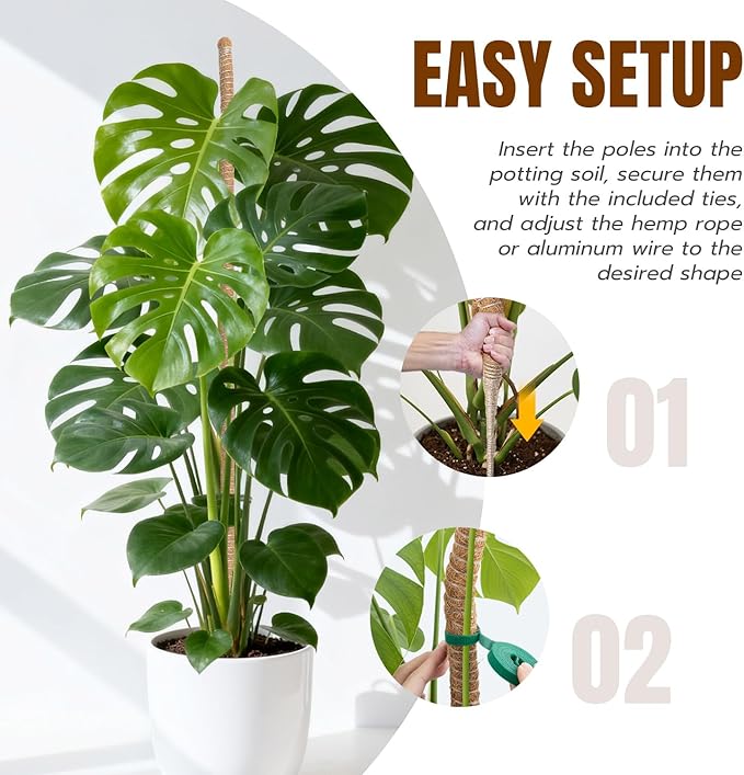 Mcbazel 2 Pack 63 Inch Bendable Moss Pole for Plants Monstera - Extra Tall 5.2ft Coco Coir Plant Support Stakes for Large Indoor Climbing Vines - Flexible Totem Stick Kit with Rope, Wire & Ties