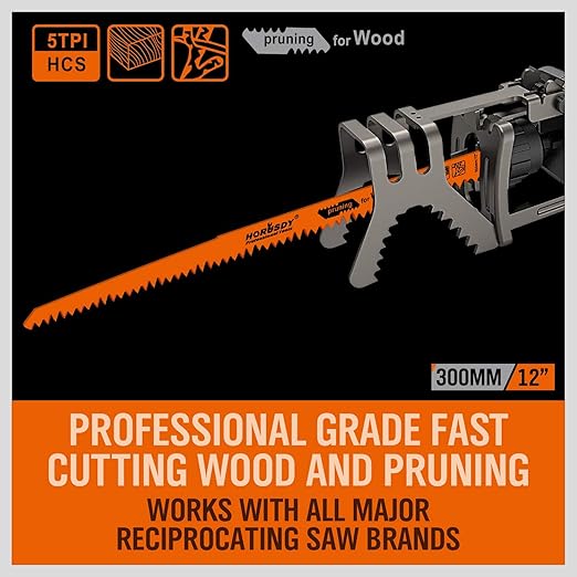 5-Pack 12-Inch Wood Pruning Reciprocating Saw Blades, 5TPI HCS Carbon Steel Sawzall Blades for Fast Cutting Green Wood, Branches & Plastic - Includes Storage Case