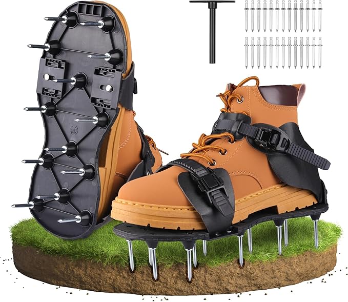 Lawn Aerator Shoes Heavy-Duty Spiked Sandals with Stainless Steel Spikes, Adjustable Loop Straps for Grass Aeration on Patio, Yard, Garden – Black
