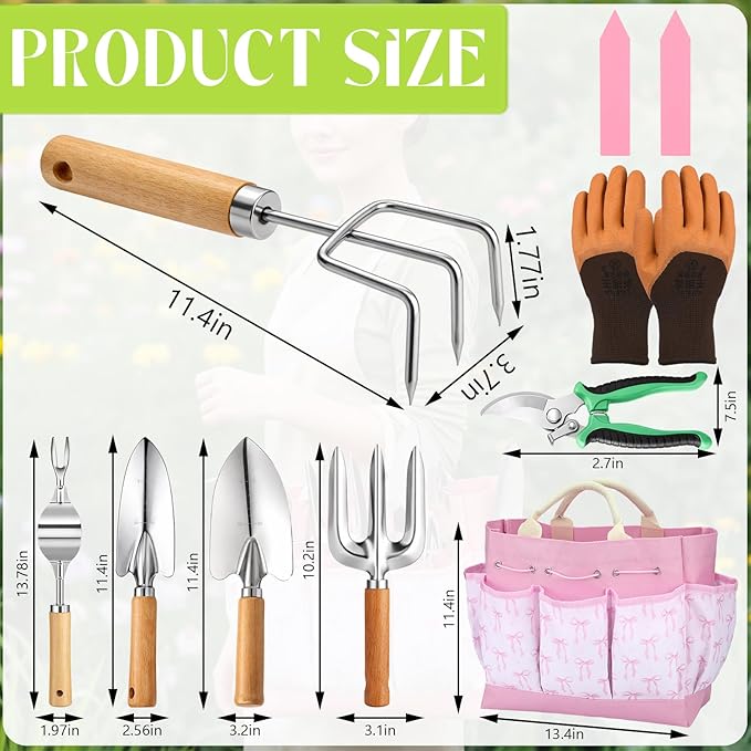 Chumia 9 Piece Pink Gardening Tools for Women Mothers Garden Gifts Pink Bow Gardening Set Stainless Steel Heavy Duty Garden Tools Kit with Organizer Bag Ergonomic Wooden Handle for Gardeners Beginner