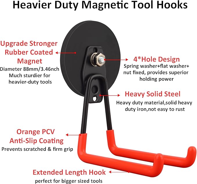 ULIBERMAGNET Magnetic Hooks,Heavy Duty Magnet Hook,Large Manget with Hooks for Hose,Jig Saw,Circular Saw,Workshop Organization,2 Pack Tool Hooks for Hammer Drill,Garden Tool(3.46inch/Orange)