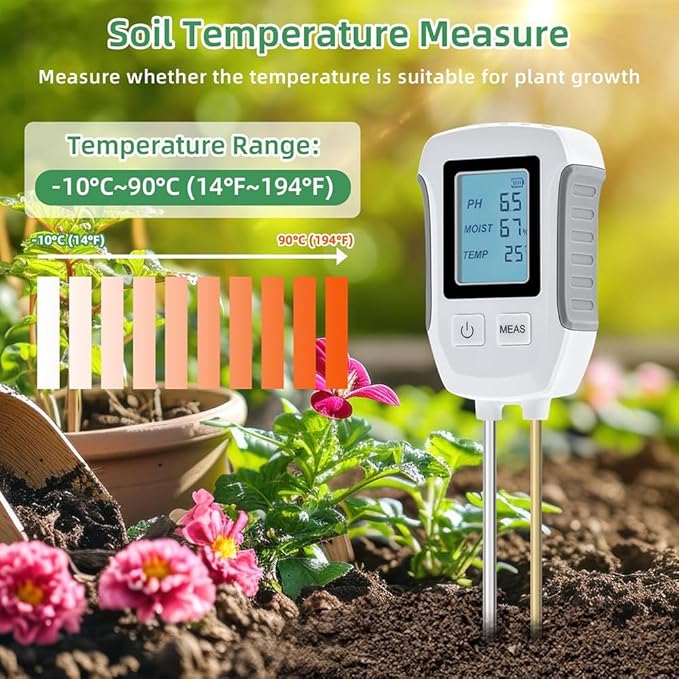 3 in 1 Soil Tester, Ph, Humidity and Temperature Measurement, Backlit Display, 10 Second Test Time, Suitable for Gardening, Lawn, Agriculture, Battery Not Included
