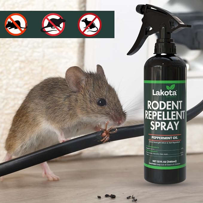 32oz Industrial Strength 5% Peppermint Oil Rodent Repellent Spray for Mice & Rats. Stop Rats and mice from Chewing on car Engine Wires, Tractors, Equipment. Indoor and Outdoor use.