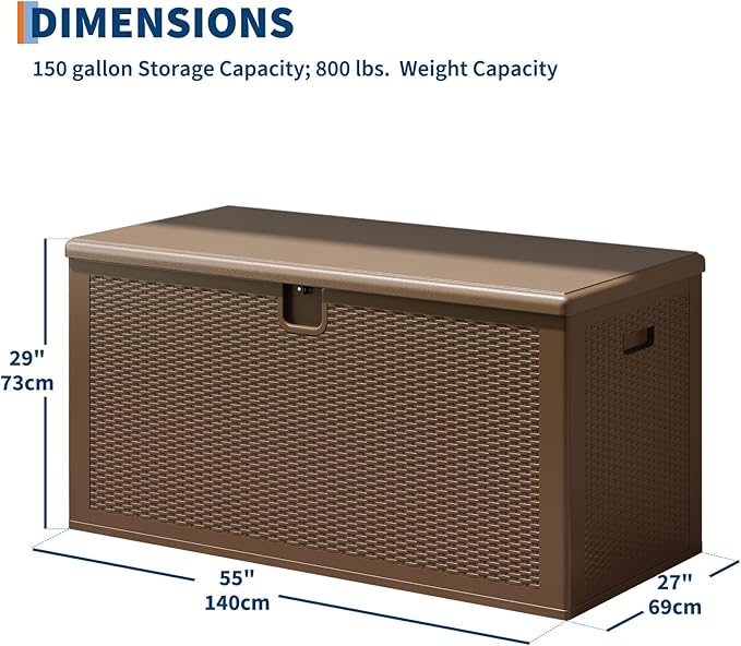 Garvee 150 gal Large Resin Deck Box, Waterproof & Weatherproof Outdoor Storage Box, Lockable Pool Storage Bin with Lid for Porch Patio Garden Backyard, Brown