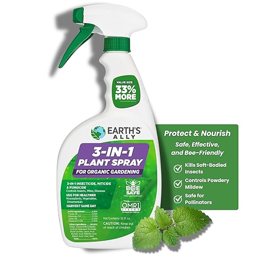 Earth's Ally 3-in-1 Plant Spray for Pests and Disease - Organic Insecticide, Fungicide and Spider Mite Control - OMRI Listed Indoor Outdoor Garden Spray - Safe for Pollinators, Kids and Pets - 32 oz