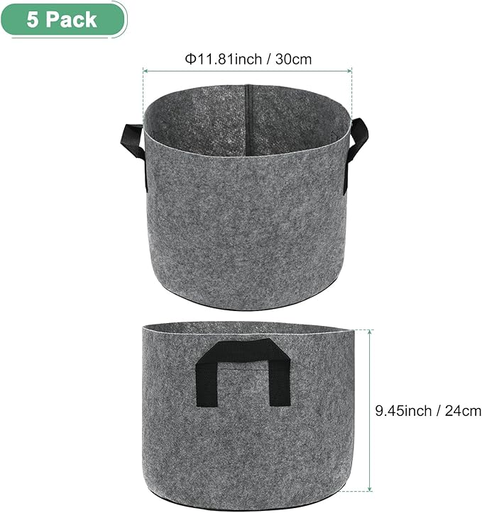 M METERXITY 5-Pack Plant Grow Bags 5 Gallon Grow Bags 300G Thickened Fabric Pots with Durable Handles Plant Garden Grow Pots for Fruits/Vegetables/Flowers/Plants [Grey]