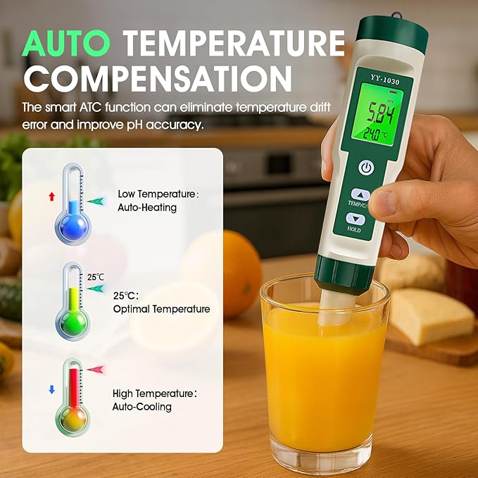 Digital pH Meter for Food, pH Tester Probe for Sourdough Bread Dough, Meat, Cheese, Fruit, Cosmetics, Water, Smart Lab pH Test kit Pen with ATC, Temperature Backlit Display for Solids Liquids Soil
