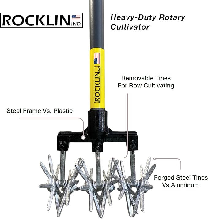 Rocklin Industry New Heavy-Duty Rotary Cultivator with 2X Steel for All Soils Till, Aerate, Weed, or Mix | 60” Extra Long Handle
