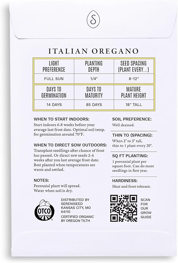Sereniseed Certified Organic Italian Oregano Seeds – Non GMO, Heirloom – Seed Starting Video – Seeds for Indoor and Outdoor Planting (Oreganium vulgare)