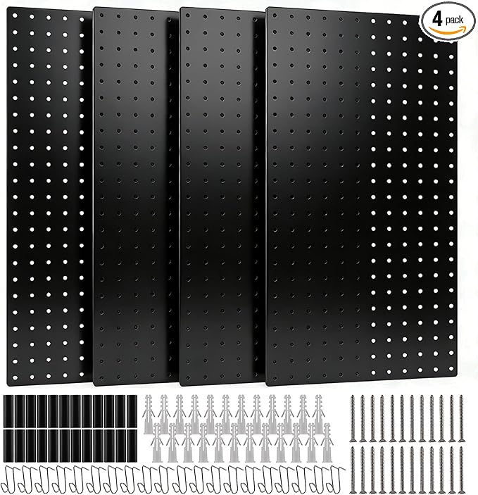 DEWEL Peg Board, 23" x 12" Metal Pegboard Wall Organizer Kit, 4 Pack Pegboard Panels with 20 Hooks,Black Pegboard Tool Wall Organizer System for Garage and Garden(4pcs black